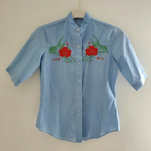 Vintage Tops - Western Style Floral Embroidered Denim Blue Short Sleeve Blouse